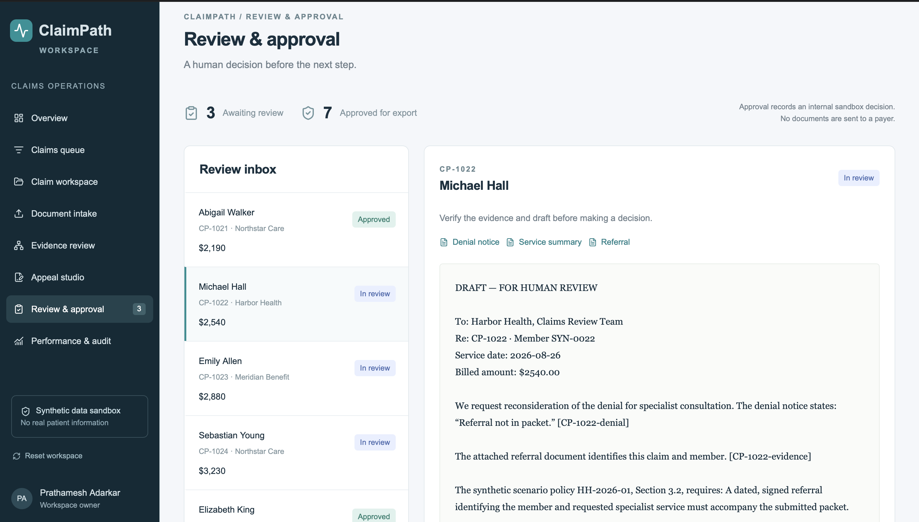 ClaimPath evidence map linking the denial, policy requirement, and missing referral