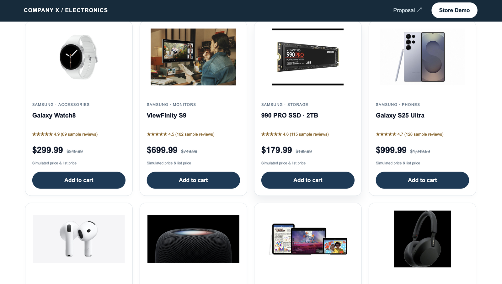 The store demo: a product grid of Samsung and Apple items with star ratings, prices marked Simulated price and list price, and Add to cart buttons.
